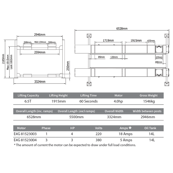E4G A465A AMGO Wheel Alignment 4 Post Lift 6.5 Ton Capacity With 5500mm Platforms 1ph/3ph - Image 5